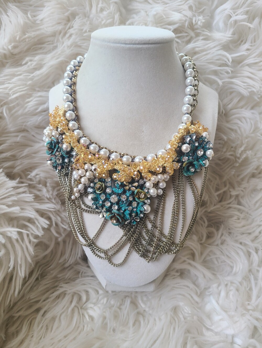 Betsey Johnson Turquoise Floral Faux Pearl Bib Necklace with Gold Crystals